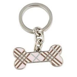 NEW BURBERRY Nova Check Dog Bone Keychain/ Bag Charm Silver Pink Brown Enamel
